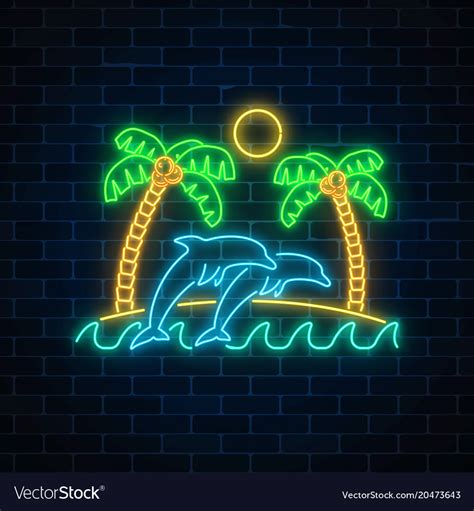 Glowing Neon Summer Sign With Palms Sun Island Vector Image