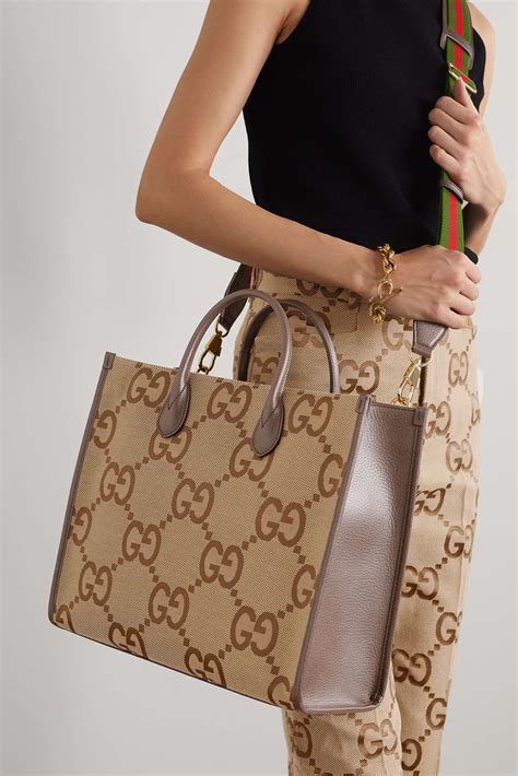 Gucci Gg Jumbo Leather Trimmed Canvas Jacquard Tote Net A Porter