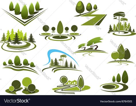 Green Park Garden And Forest Landscape Icons Vector Image