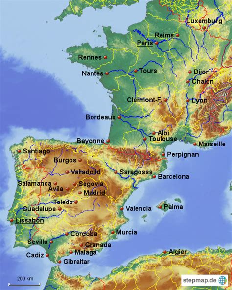 Reino de espana), ist ein land im südwesten europas mit einigen territorien über die meerenge von gibraltar und den atlantik. StepMap - Frankreich-Spanien - Landkarte für Deutschland