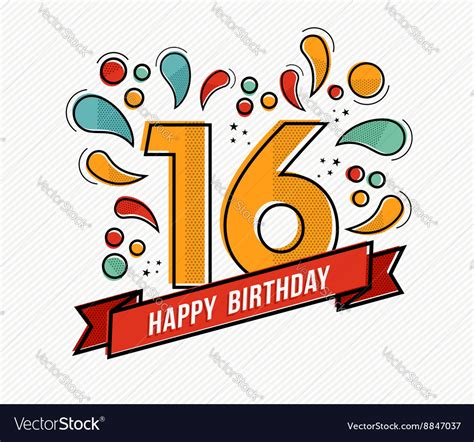 Colorful Happy Birthday Number 16 Flat Line Design