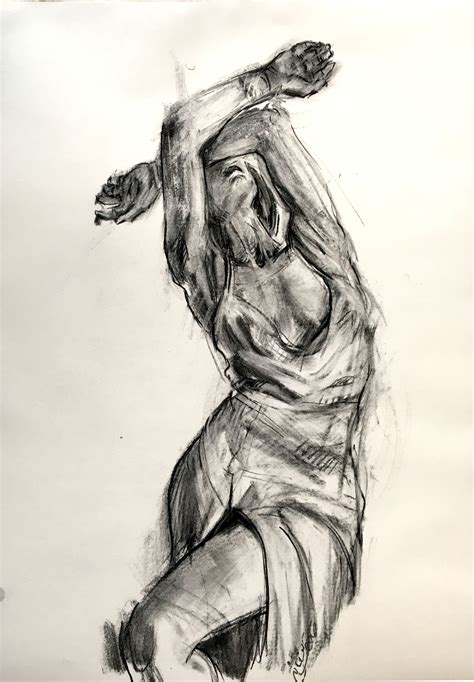 A Black And White Drawing Of A Woman In The Air With Her Arms Stretched Out