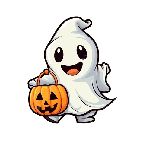Cute Halloween Ghost Carrying Pumpkin Bucket Cartoon Vector Halloween