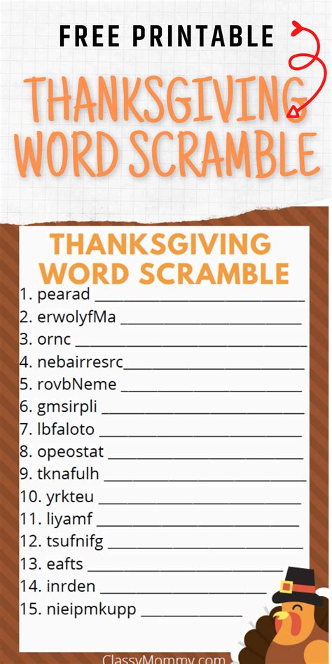 Free Printable Thanksgiving Word Scramble Classy Mommy