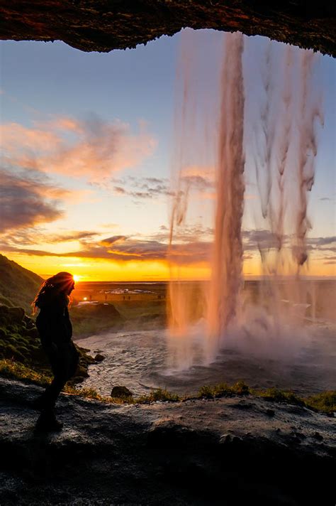 A Beautiful Sunset At Seljalandsfoss Waterfall In Iceland