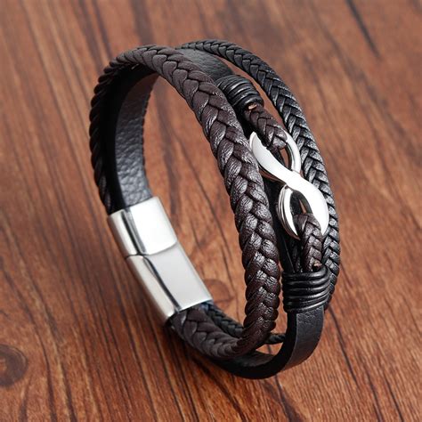 trendy jewelry leather bracelet men stainless steel bracelets multilayer braided rope chain for