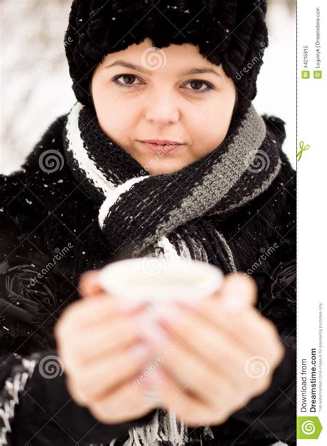 Woman With Cup Of Coffee In The Winter Park Stock Image Image Of Cold