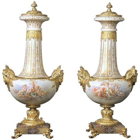 Beautiful Pair Of Late 19th Century Gilt Bronze Enamel And Sèvres Style Vases For Sale At 1stdibs