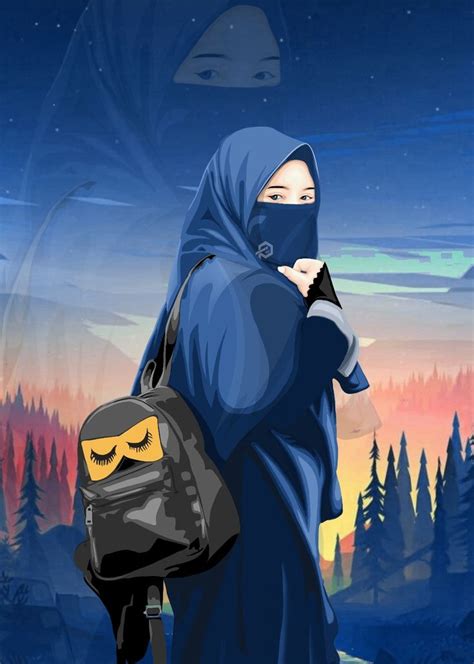 Hijab Niqob Ilustrasi Karakter Kartun Lukisan Keluarga