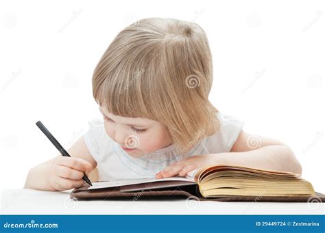 Little Girl Writing Letters With A Pen Stock Photo Image Of Looking
