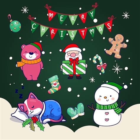 Premium Vector Christmas And New Year Greeting Card With Cute Cartoon Characters Vector