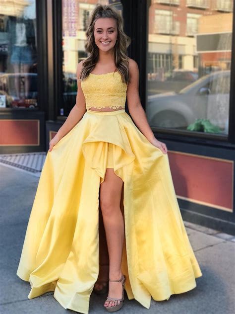 2 Pieces High Low Yellow Lace Prom Dresses 2 Pieces Yellow Lace Forma
