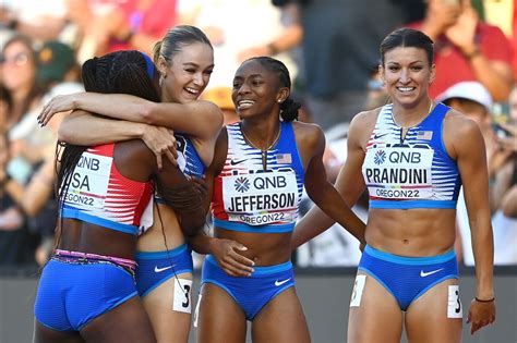 united states holds on in final stretch for win over jamaica in women s 4x100 meter relay in