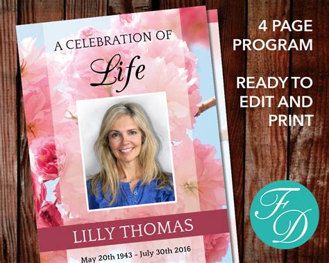 Celebration Of Life Program Funeral Program Template Pink Etsy Uk