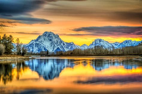 Landscape River Reflection Wyoming Water Mountains Nature Grass