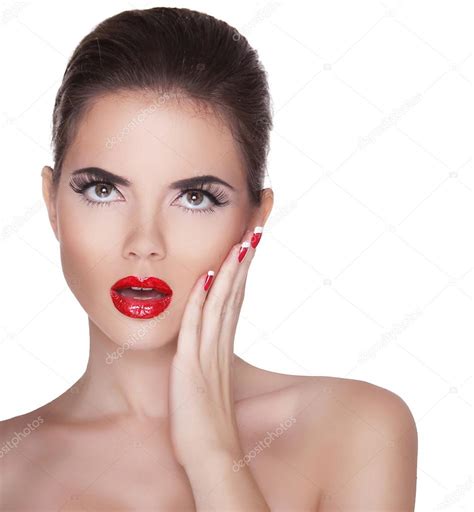 Beautiful Surprised Woman With Red Lips Isolated On White Backgr Stock Photo VictoriaAndrea