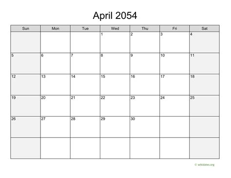 April 2054 Calendar With Weekend Shaded