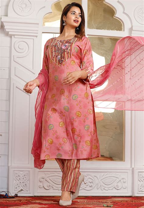 Embroidered Chanderi Silk Pakistani Suit In Peach Kmk509