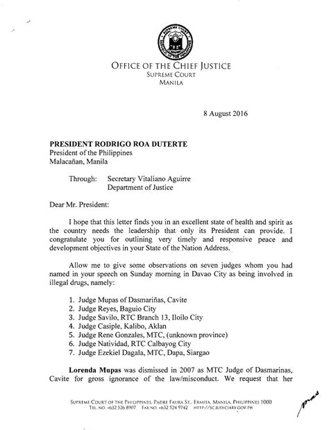 September 7, 2018 | written by president danilo concepcion. SC CJ Sereno's letter to Pres. Duterte Re: The ...