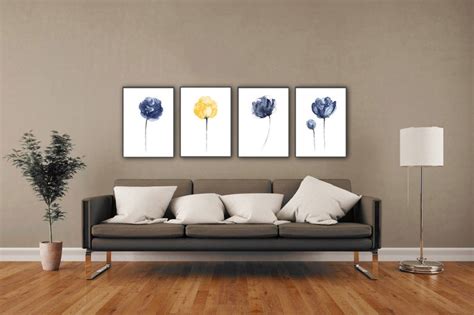 Navy Flower Set 4 Peony Flowers Blue Wall Decor Abstract Etsy
