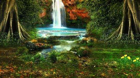 Download Waterfall Trees Vegetation Nature Landscape Full Hd 1080p By