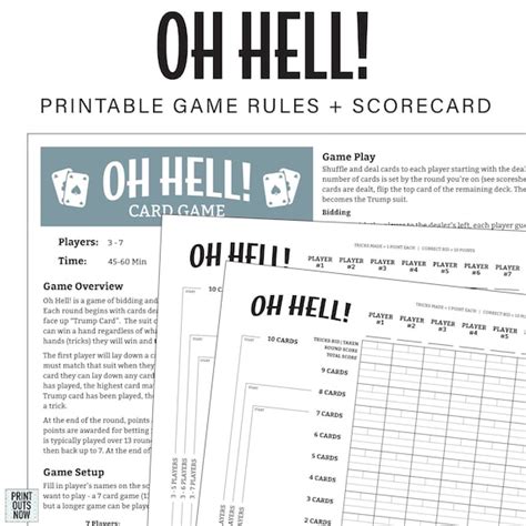 Printable Oh Hell Games Rules And Score Sheet Elevator Bust Etsy