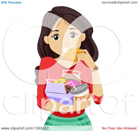 Clipart Of A Brunette White Teen Girl Eating A Donut And Holding Coffee Royalty Free Vector