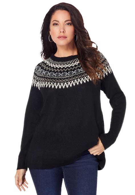 Roamans Womens Plus Size Fair Isle Pullover Sweater 1416 Black