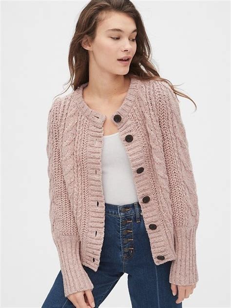 Gap Womens Chunky Cable Knit Cardigan Sweater Soft Pink Heather