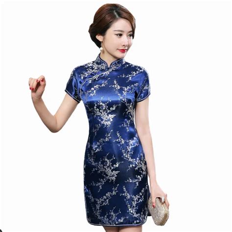 Navy Blue Satin Qipao Summer Lady Traditional Chinese Style Cheongsam Dresses Women Mandarin