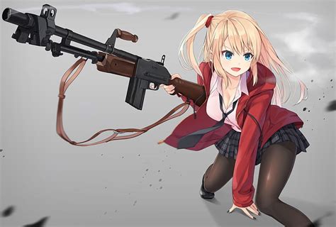 Hd Wallpaper Anime Girl Gun Blonde Smiling Weapon Blond Hair One