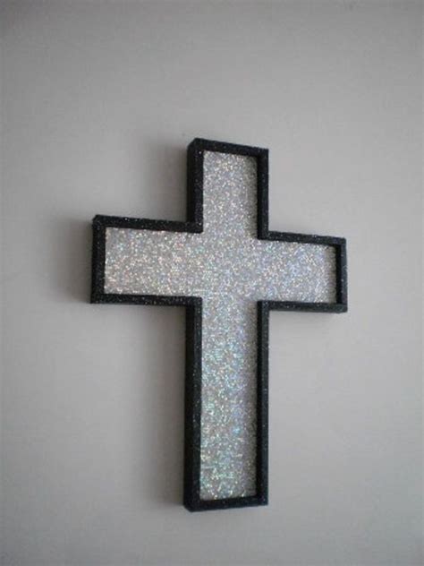 Silver Glitter And Black Wall Cross Handpainted Wood Cross Wall