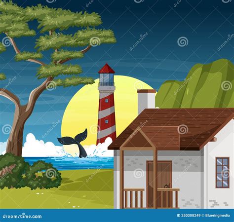 Night View Of Lighthouse At The Coast Stock Vector Illustration Of