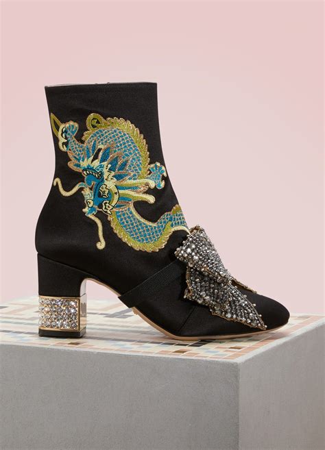 Gucci Dragon Satin Mid Heel Ankle Boot Mid Heel Ankle Boots Boots