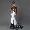CAZDZY Long Sleeve Mermaid Evening Dresses Appliques black lace sweep ...