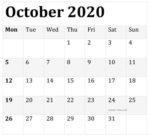 October 2020 Calendar Template Word Excel Pdf 2020 Calendar