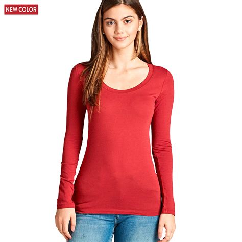 Womens Long Sleeve Scoop Neck Fitted Cotton Top Basic T Shirts Plus Size Available