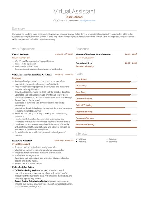 Want to create or improve your administrative assistant resume example? Virtual Assistant - Resume Samples and Templates | VisualCV