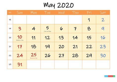May 2020 Free Printable Calendar Template Ink20m161