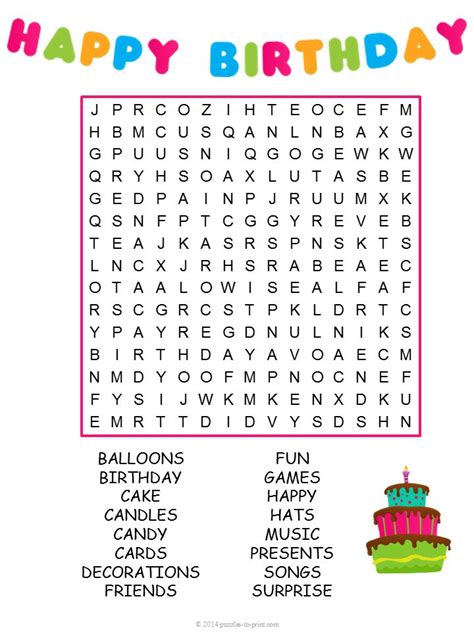 Use This Birthday Word Search Puzzle For A Game At Your