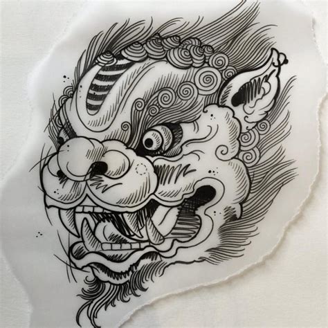 Beautiful Outline Chinese Style Foo Dog Tattoo Design