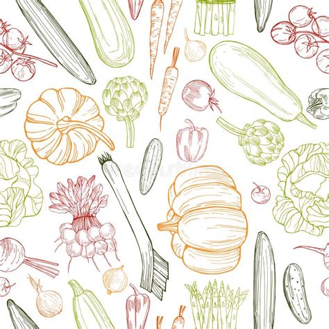 Hand Drawn Vegetables On White Background Vector Seamless Patt Stock