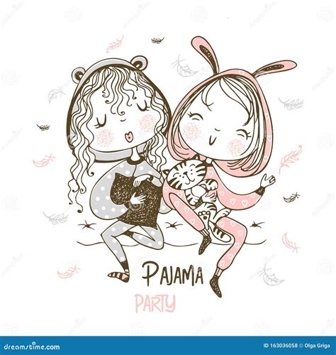 Cute Girls In Pajamas Have Fun At A Pajama Party Vector Stock