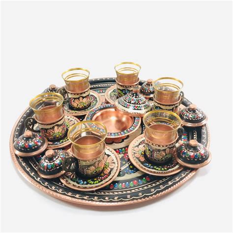 Turkish Tea Set Set Of Tea Cups Glass Drink Cup Copper Etsy