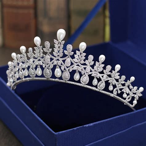 Micro Paved Cubic Zircon Tiara Pearl Drops Full Zirconia Crown Bridal