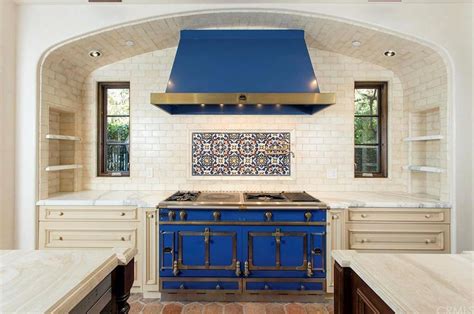 Stunning Blue Stove With Mediterranean Tile Backsplash Kitchen Style