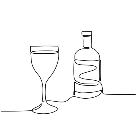 Continuous One Line Drawing Of A Wine Bottle And A Glass Linear Sketch
