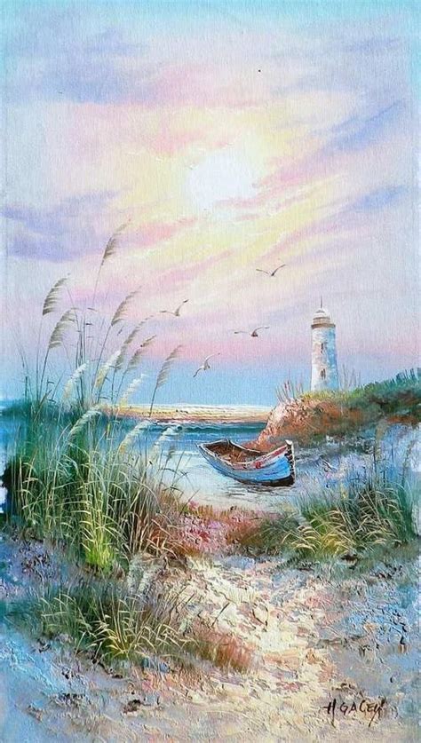 Painted On Canvas Lighthouses Oils Sea With Boat And Lighthouse By