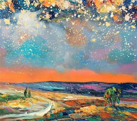 Landscape Painting Starry Night Sky Painting Original Oil Etsy