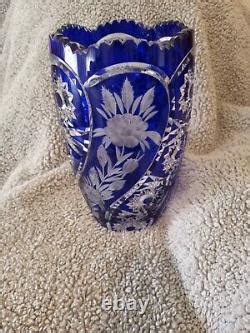 Arnstadt Vintage Cobalt Blue Cut To Clear Crystal Vase 11 3 4 X 6 3 4